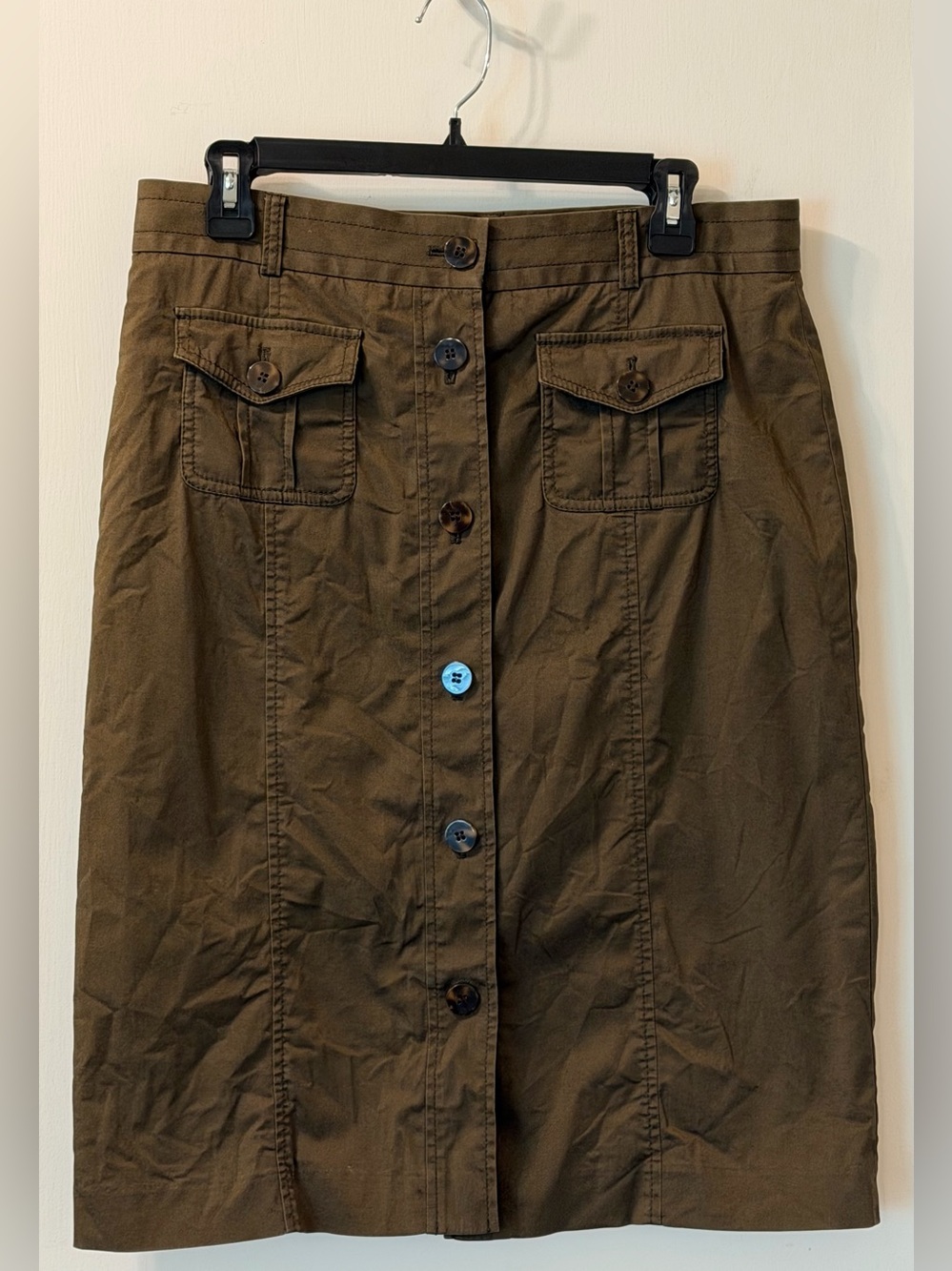 Talbots Olive Button-Front Midi Skirt with Flap Pockets